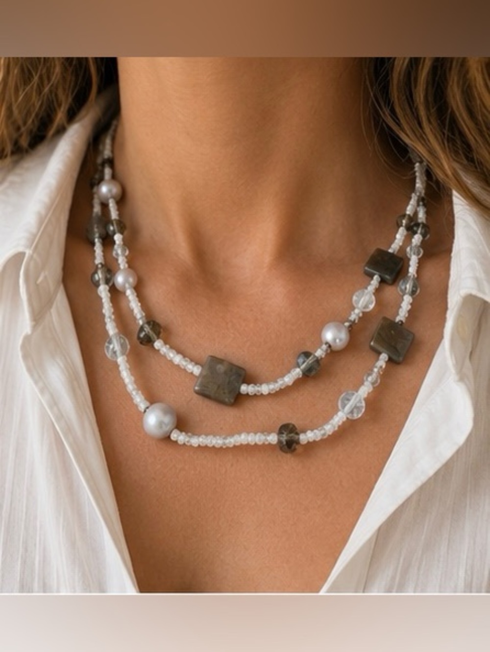 Vintage Jadeite & Agate Double Strand Beaded Necklace | Quartz & Stone Statement